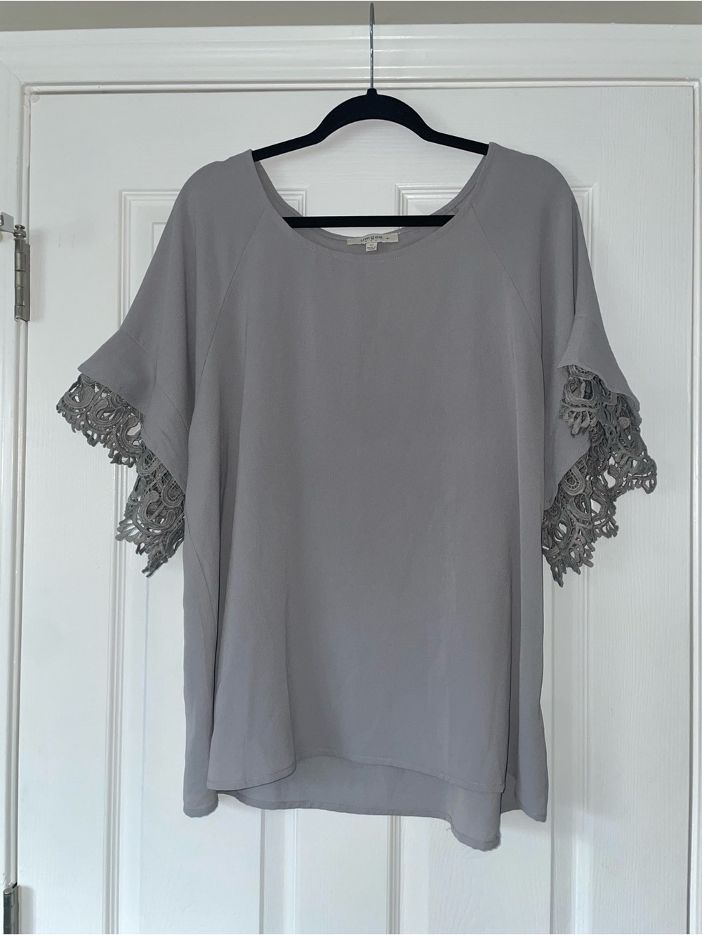 Light Gray Blouse with Crochet Flutter Sleeves